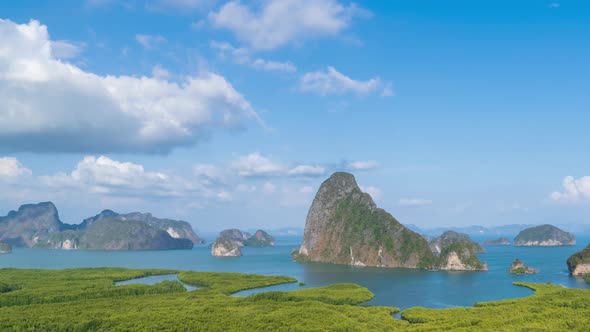 Samet Nangshe viewpoint over Phang-nga Bay panorama scenic, near Phuket, Thailand - Time Lapse