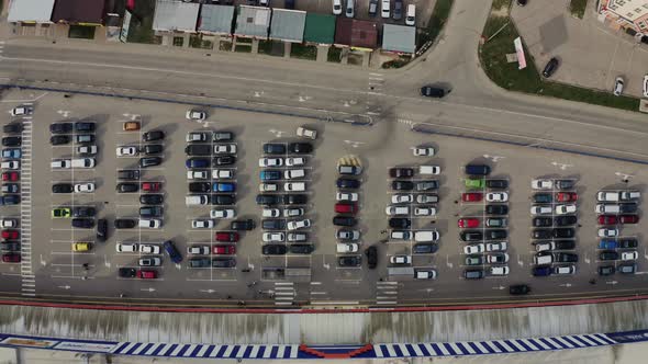 Aerial Drone View From Drone of Parking Lot of the Business Center Shopping Mall Supermarket with alt