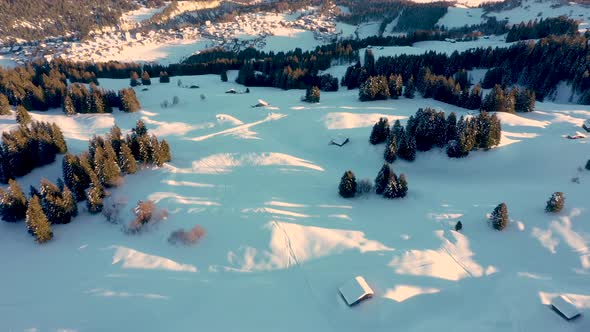 Aerial top view of snowy forest and winter in mountains and famous winter ski resort aerial view. Wi alt