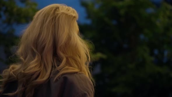 Blonde Girl Walking Evening City Alone in Park Urban Area Lights alt