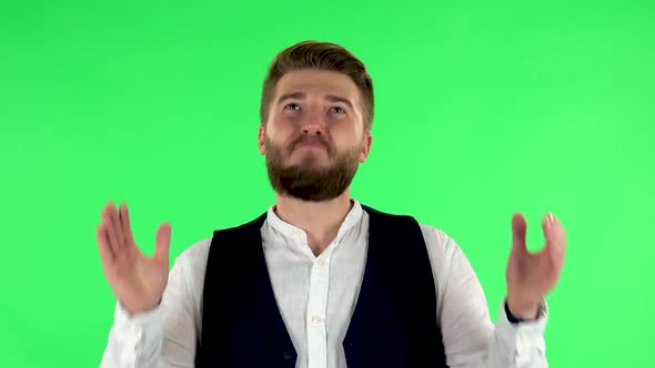 Man Claps His Hands with Wow Happy Joy and Delight. Green Screen alt