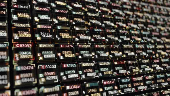 Digital screen with updating stats, number of sales, percentage, growth and decline, seamless loop alt