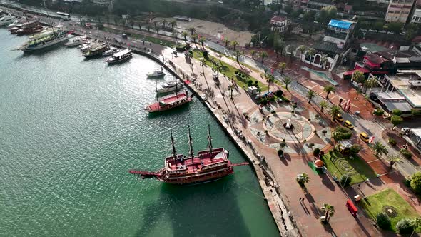 Yachts in the port aerial view 4 K Alanya Turkey alt