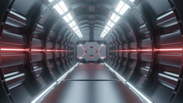 Science background fiction interior rendering sci-fi spaceship corridors red light.