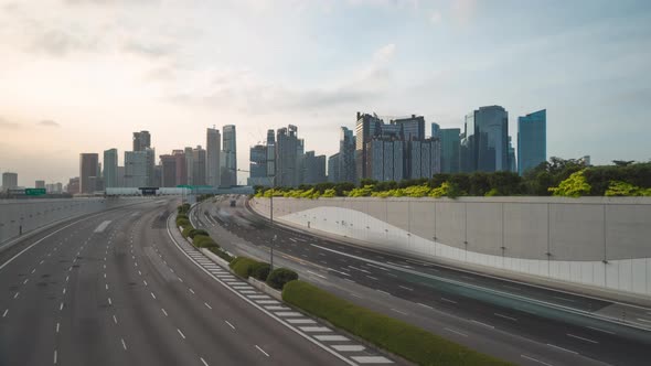 Traffic view with background Singapore landmark financial business district with skyscraper, alt