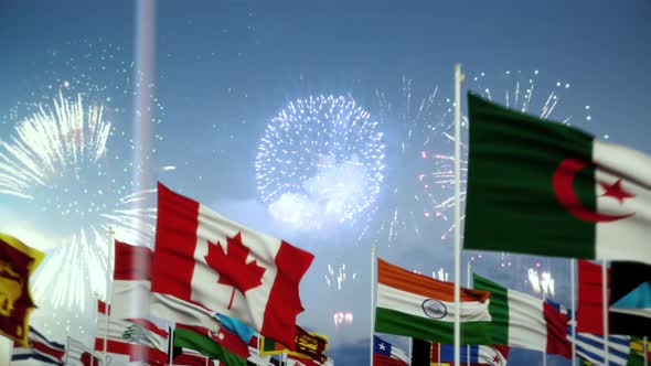Saudi Arabia Flag With World Globe Flags Morning Shot With Fireworks alt