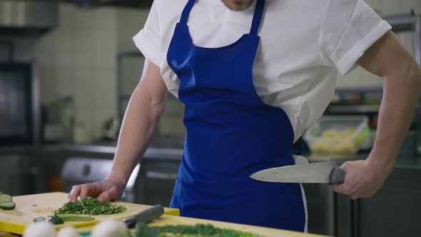 Unrecognizable Male Cook Cleaning Kitchen Knife Rubbing Utensil on Apron and Cutting Greenery alt