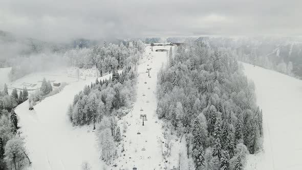 Aerial View of a Beautiful Winter Landscape with Snowy Green Coniferous Forest alt