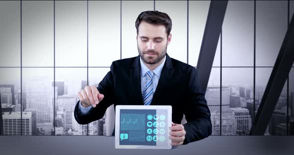 Man showing digitally generated medical icons and graphs on tablet alt