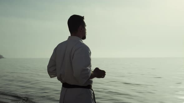 Karate Fighter Perfecting Martial Technique at Sunset alt