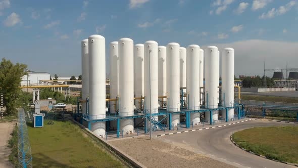 Cryogenic Tanks. Liquid Oxygen Plant, Tanks and Heat Exchange Coils. Industrial Zone. Aerial View alt