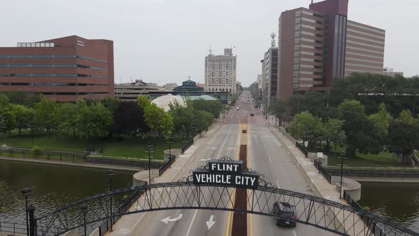 Flint, Michigan skyline drone shot. alt