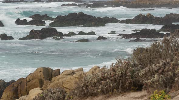 Rocky Craggy Ocean Coast Sea Water Waves Crashing on Rocks Monterey California