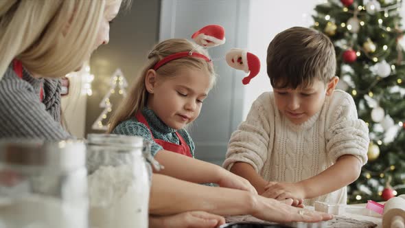 Video of children and mother cutting out gingerbread cookies. Shot with RED helium camera in 8K. alt