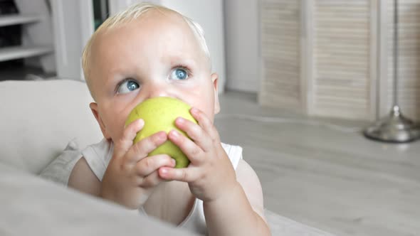 Sweet Blond-haired Baby Eating Green Apple alt