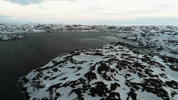 Drone Flying Over the Shores of the Kola Peninsula in Winter