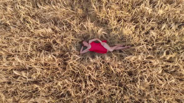 Aerial View of Woman Lying in the Field of Wheat