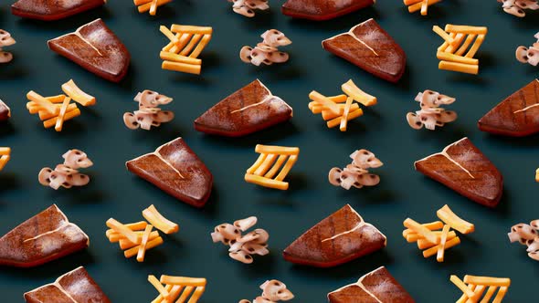 Tasty fast-food snacks. Animation of steaks, crispy french fries and mushrooms alt