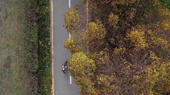 Aerial view Child riding bicycle in autumn park. Active sport family leisure alt