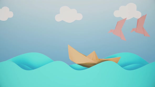 Cartoon Paper Ship And Ocean Kids Background