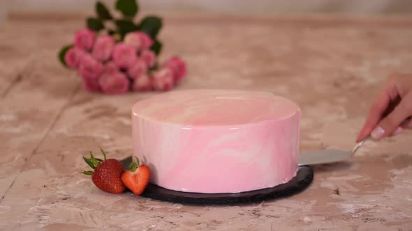 Strawberry Mousse Cake with Pink Mirror Glaze