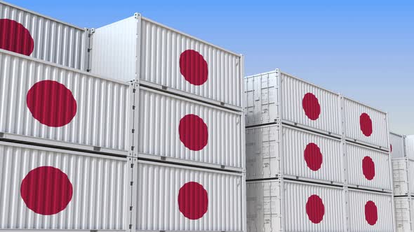 Container Terminal Full of Containers with Flag of Japan alt