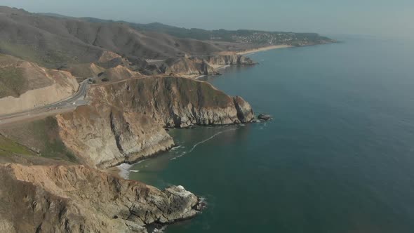 Aerial Approach of WWII Devil’s Slide Bunker on California Coast Highway One and Coastline alt
