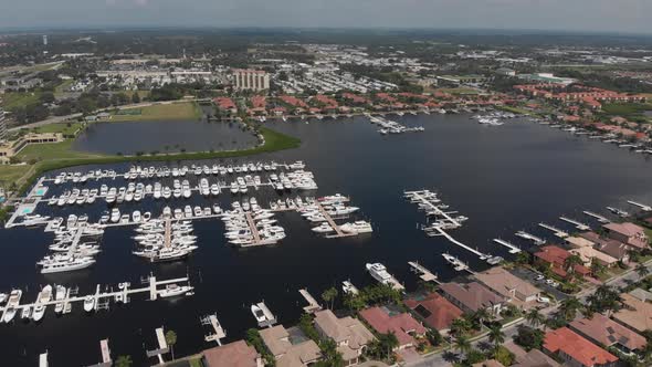 Aerial of the South Florida lifestyle in Bradenton, Florida.  Home and yacht communities abound off alt