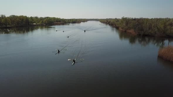 Top View of Rowing Competitions Between Teams