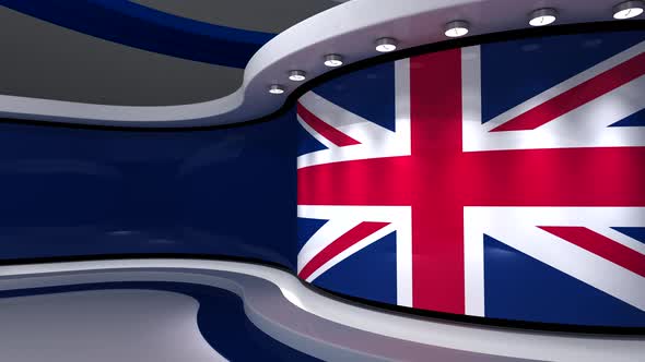 Tv studio. British flag background