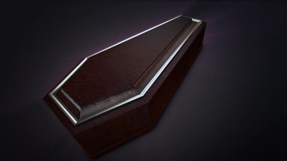 Closed wooden coffin surrounded with an ethereal, spiritual purple glow. alt