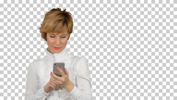 Businesswoman taking funny selfie with phone, Alpha Channel