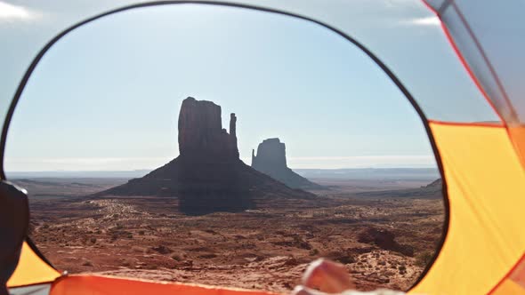 Happy Woman Nature Camping in the Canyon Waken Up in Tent at Monument Valley alt