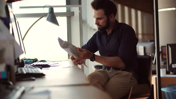 Focused Trader Reading Office Corporate Financial Audit Report.Online Trader Work Stock Market Data alt