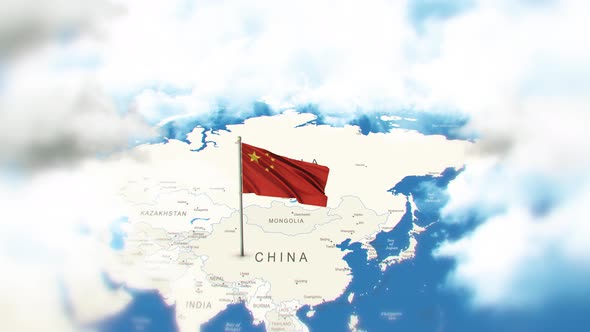 China Map And Flag With Clouds