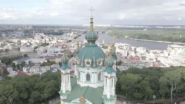 The Architecture of Kyiv. Ukraine. St. Andrew's Church. Aerial. Slow Motion, Gray, Flat alt
