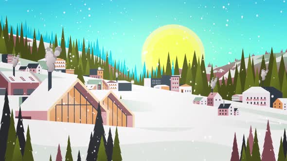 Snow Covered Buildings _ Mountain Winter Landscape - Christmas Cartoon Animations