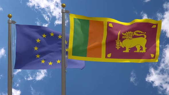 European Union Flag Vs Sri Lanka Flag On Flagpole alt