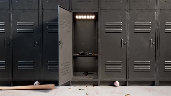 Metal lockers at the school hallway. Handgun and ammunition clip on the shelves. alt