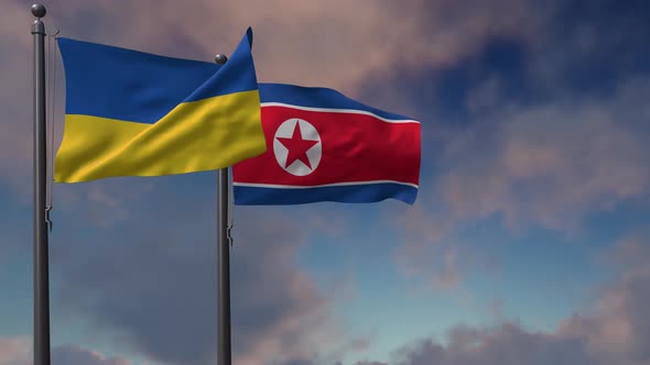 North Korea Flag Waving Along With The National Flag Of The Ukraine - 4K alt