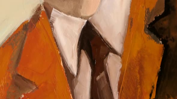 View of Painter`s Work, Brown Jacket and White Shirt of Man, Close Up alt