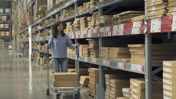 Asian woman working or shopping on shelves at large warehouse retail store industry alt