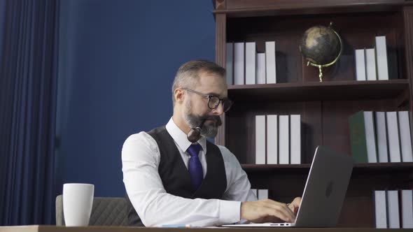 Smiling business vintage, white gentleman, Caucasian person working from home on table alt
