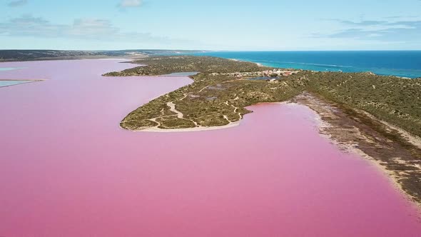 Aerial wide shot, large pink water lagoon, blue ocean in background alt