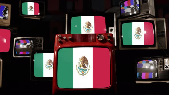 Flag of Mexico on Retro TVs. 4K.