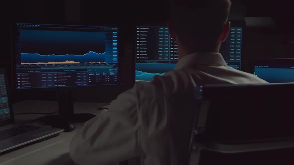 Trader working in office at night using workstation and analysis technology. alt