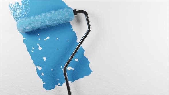 A paint roller with a chrome handle rolls blue paint onto a white wall. Render