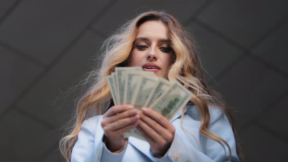 Successful Caucasian Young Business Woman Leader Manager Boss Checking Amount of Cash Money Counting alt