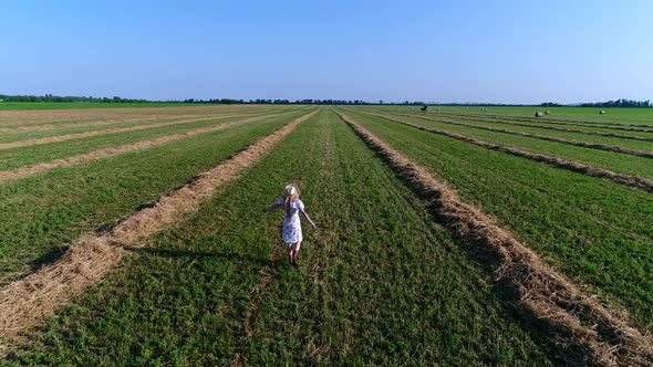 A Young Attractive Rural Woman Walks Through a Field with Mowed Grass Aerial View alt