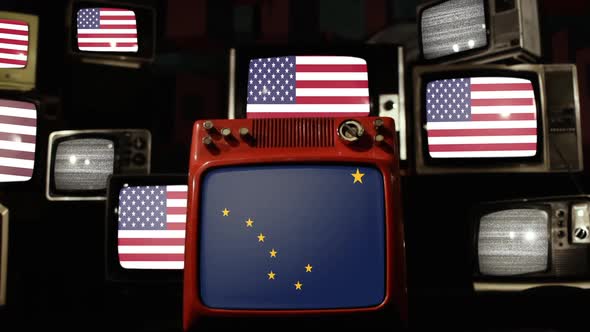Flag of Alaska and US Flags on Retro TVs. alt